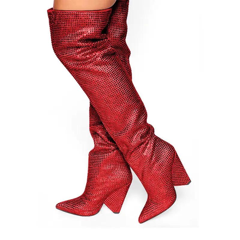 Pointed Tapered Heel Wedge Starry Rhinestone Plus Size Below The Knee Boots Cjdropshipping