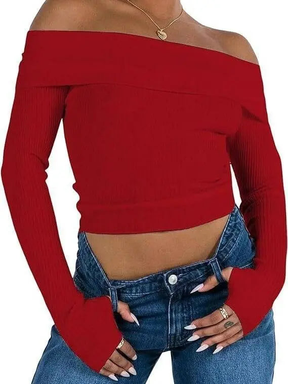 Women's Off-shoulder Solid Color Slim Fit Top JNi3 shop