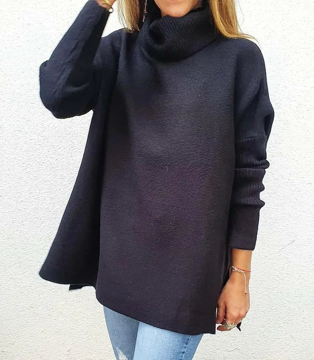 Turtleneck Sweater Mid Length Batwing Sleeve Slit Hem Tunic Pullover Sweaters Winter Tops Women Clothing JNi3 shop