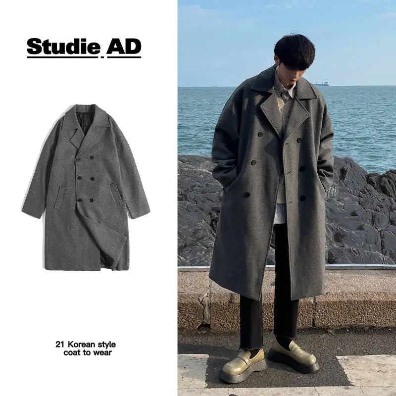 Winter Woolen Men's Mid-length Over-the-knee Suit Collar Double Breasted Woolen Trench Coat Thickened Dropshipman