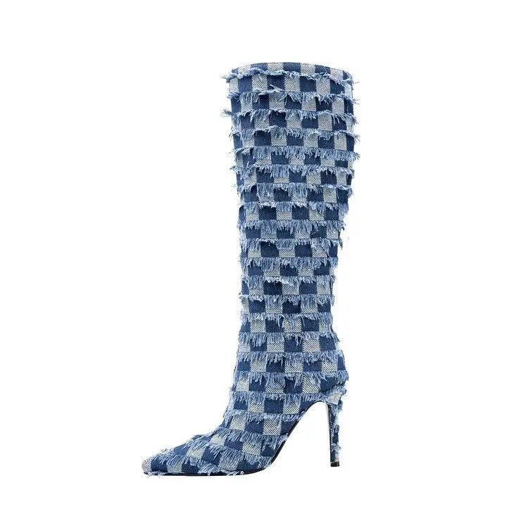 Chessboard Plaid Denim Blue Cloth Women's Boots Dropshipman