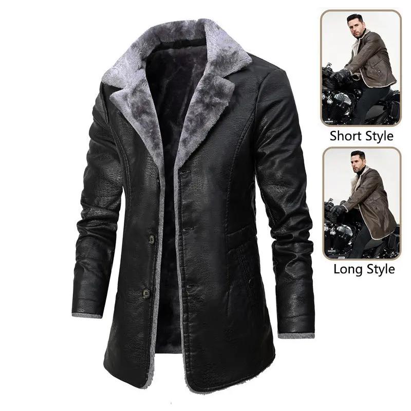 Plush Lapel Leather Jacket Winter Warm Fleece Single-breasted Coat For Men Long Clothing Cjdropshipping