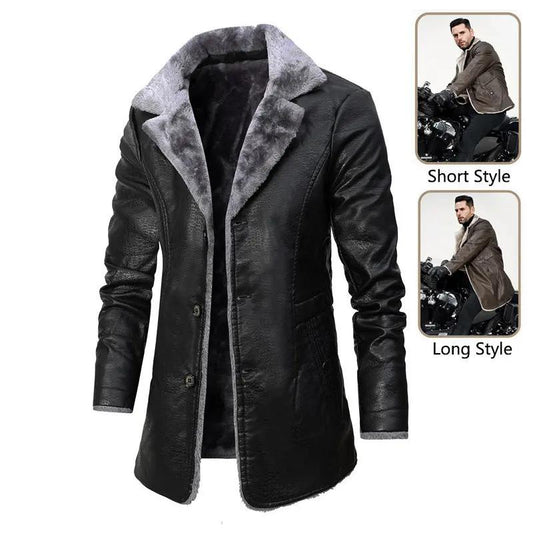Plush Lapel Leather Jacket Winter Warm Fleece Single-breasted Coat For Men Long Clothing Cjdropshipping