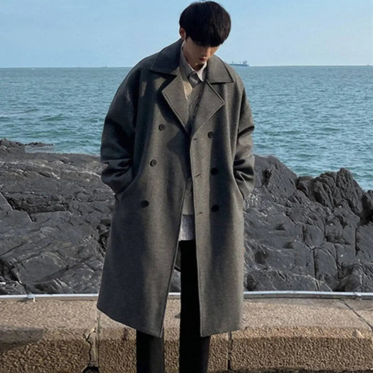 Winter Woolen Men's Mid-length Over-the-knee Suit Collar Double Breasted Woolen Trench Coat Thickened Dropshipman