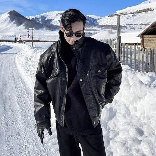 Jacket Leather Coat Autumn And Winter Men's Coat Trendy Handsome Fleece Thickened Pilot Motorcycle Plus Size Cjdropshipping