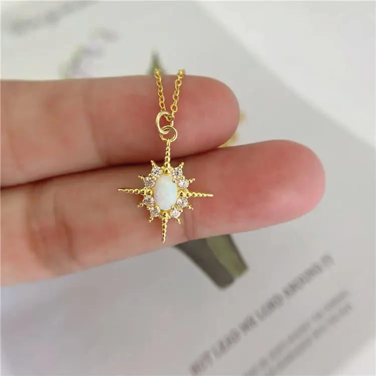 S925 Sterling Silver Plated 14k Gold Inlaid Opal Sun Necklace Women JNi3 shop