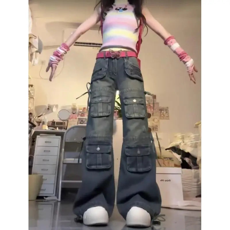 Plus Size Washed-out Vintage Multi-pocket Workwear Jeans For Women JNi3 shop