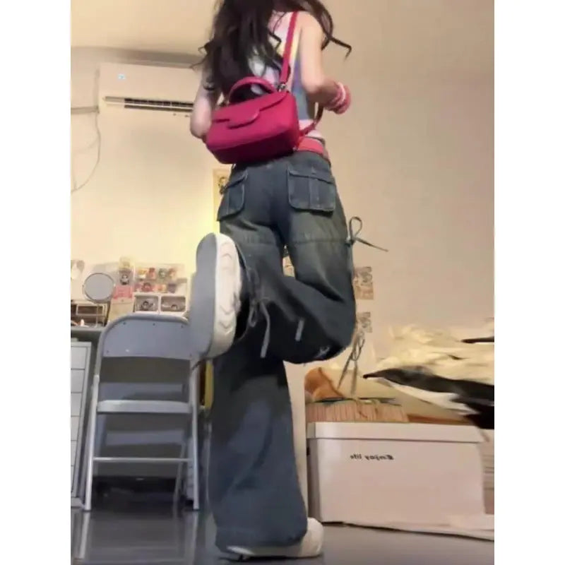 Plus Size Washed-out Vintage Multi-pocket Workwear Jeans For Women JNi3 shop