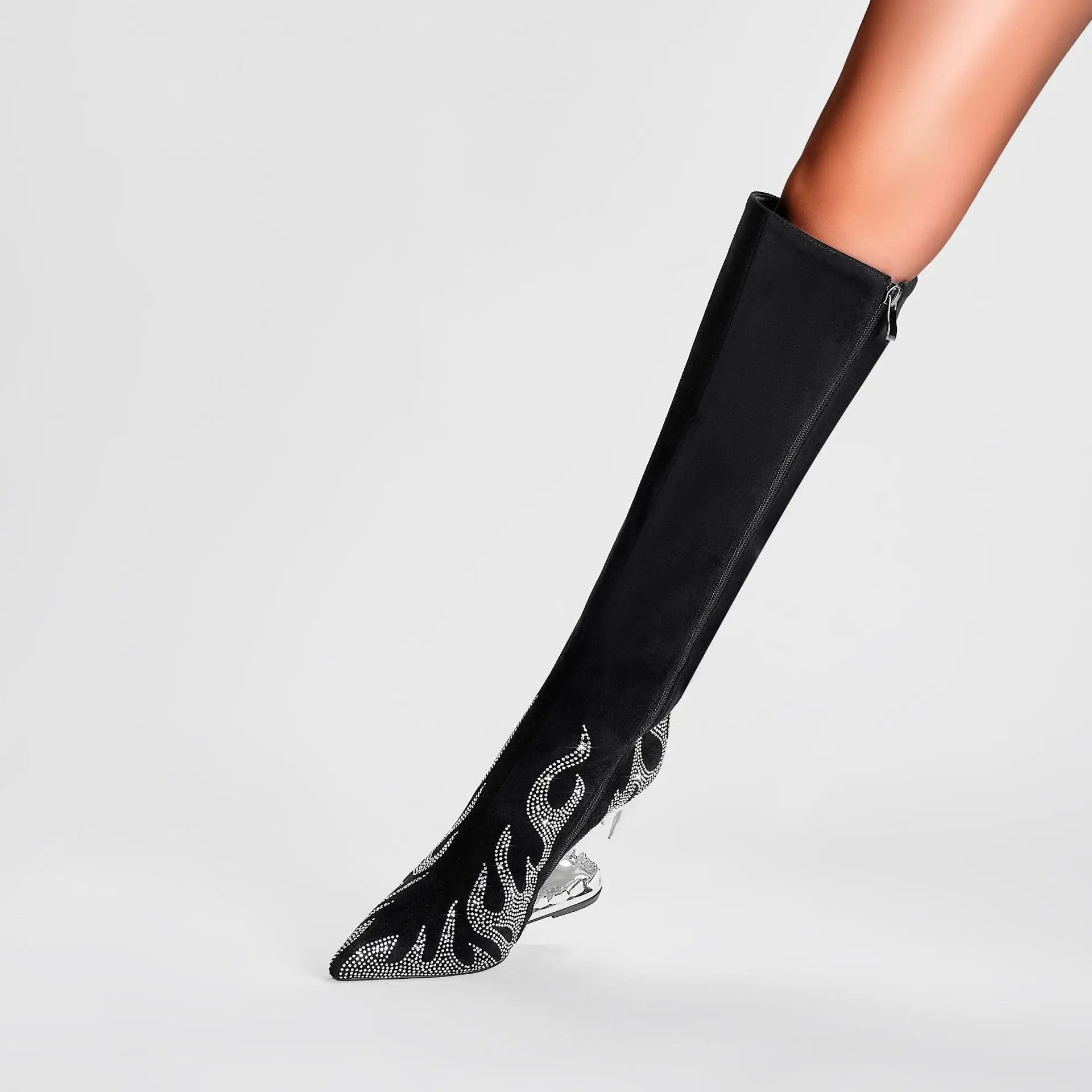 European And American Style Tiger Tooth Profiled Heel Skinny Stretch Boots Rhinestone Flame Dropshipman