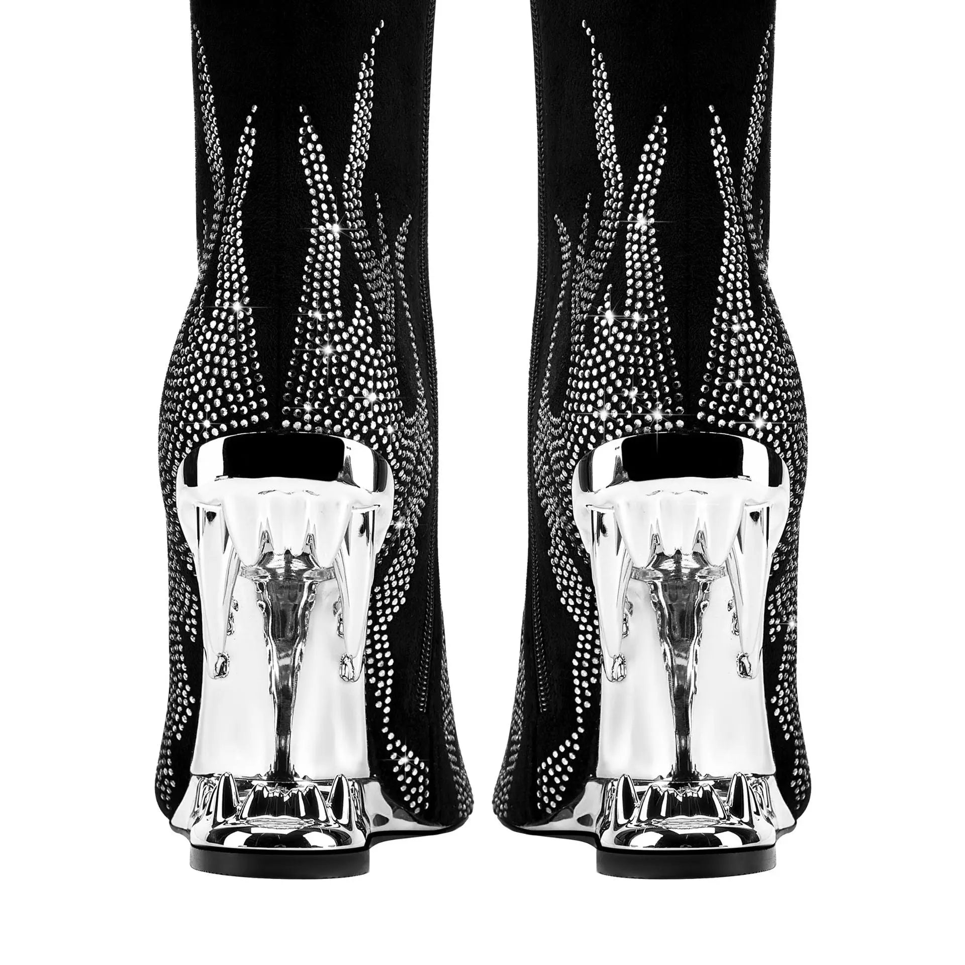 European And American Style Tiger Tooth Profiled Heel Skinny Stretch Boots Rhinestone Flame Dropshipman