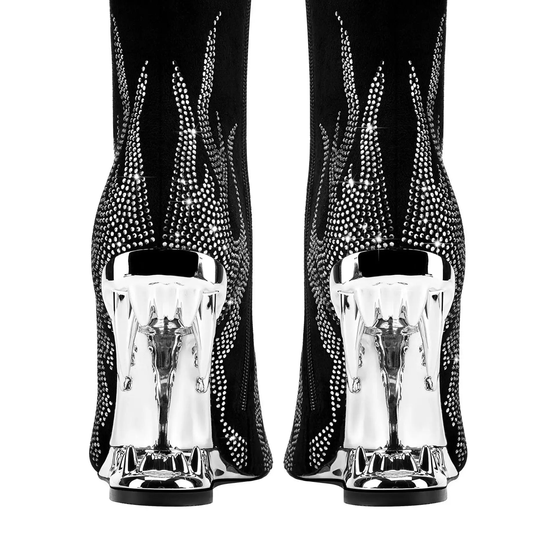 Tiger Tooth Profiled Heel Skinny Stretch Boots Rhinestone Flame Cjdropshipping
