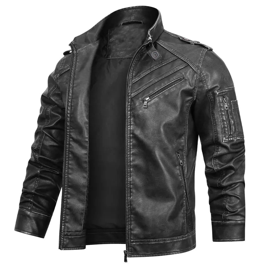 Leather Coat Men's Vintage Washed Faded Edge Stand Collar Dropshipman