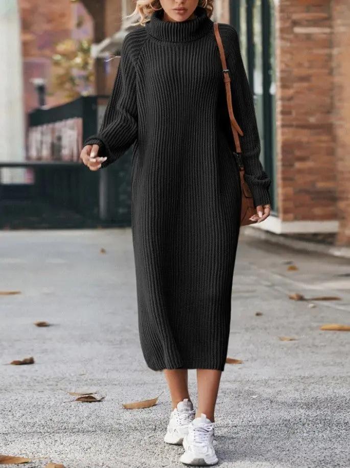 Winter Turtleneck Knitted Sweater Dress Fashion Solid Loose Pullover Long Dresses For Women Clothing Cjdropshipping