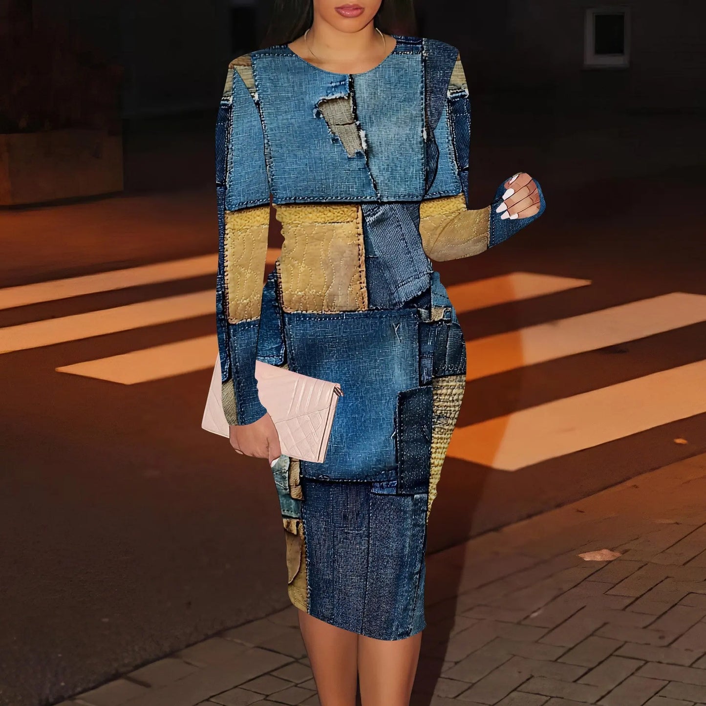 Women's Casual Printed Long-sleeve Round-collar Dress JNi3 shop