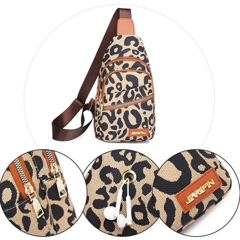 Leopard Print Sling Chest Bag With Headphone Jack Crossbody Backpack Shoulder Bag Women JNi3 shop