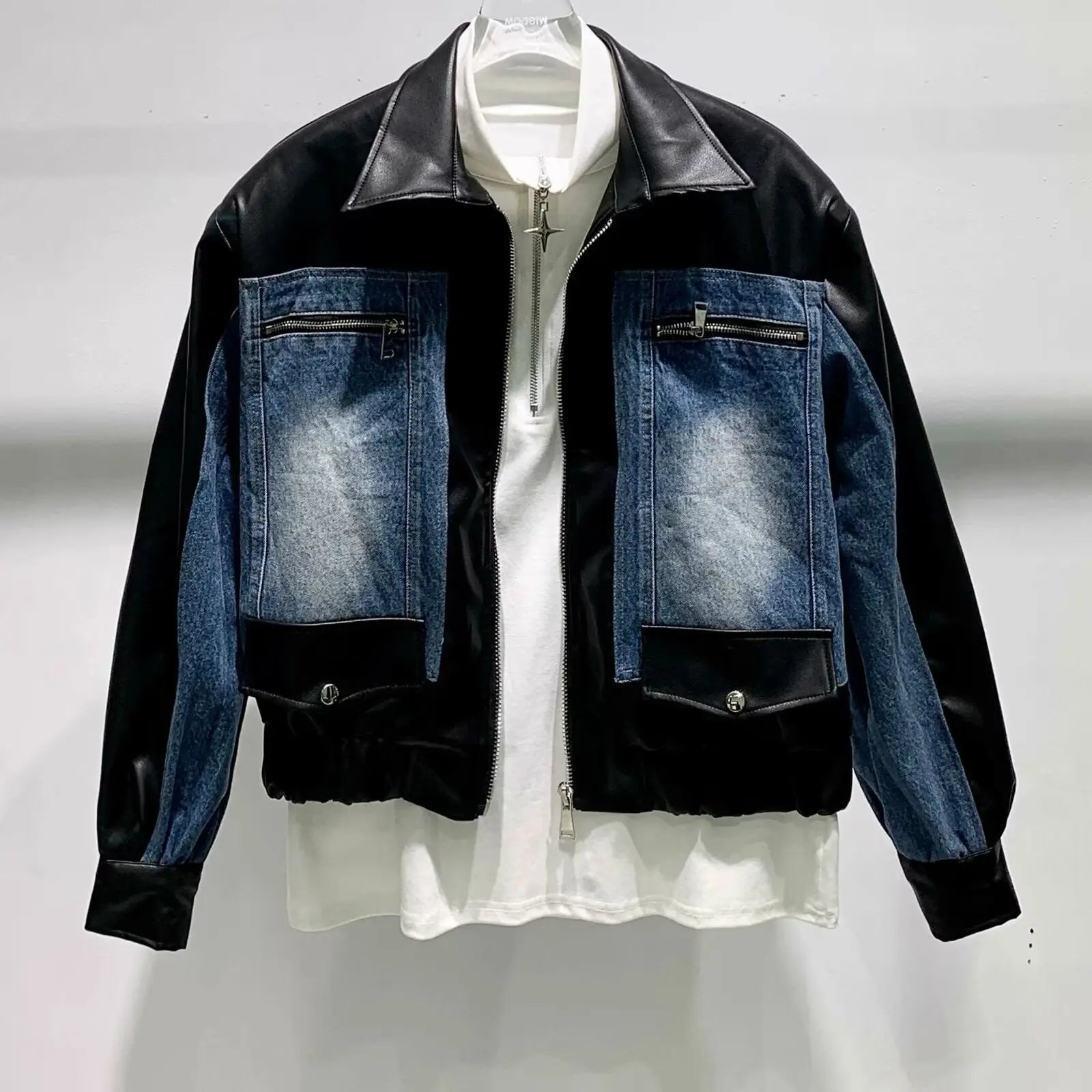 High-grade Stitching PU Leather Coat Cross-border Denim Coat Dropshipman