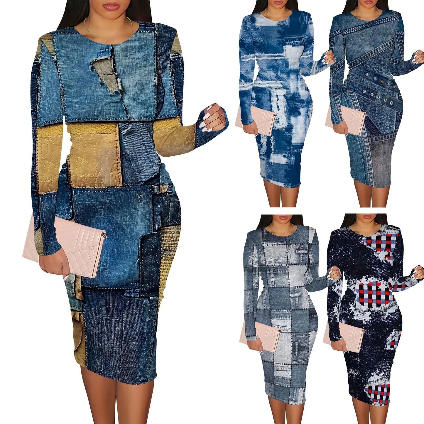 Women's Casual Printed Long-sleeve Round-collar Dress JNi3 shop