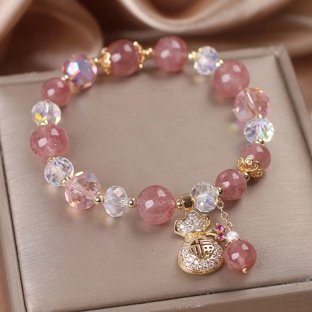 Women's Diamond Purse Natural Strawberry Quartz Bracelet Cjdropshipping