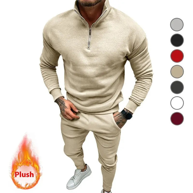 Men's Casual Fleece-lined Solid Color Top And Trousers Suit Cjdropshipping