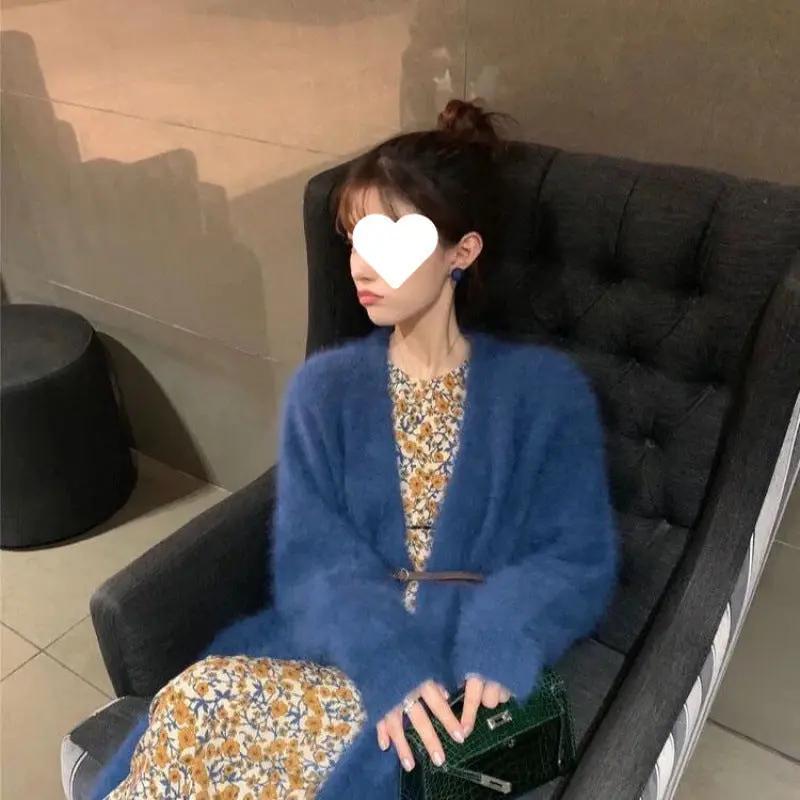 Mink-like Wool Cardigan Loose Size Thickened Mid-length Idle Style Knitted Coat JNi3 shop