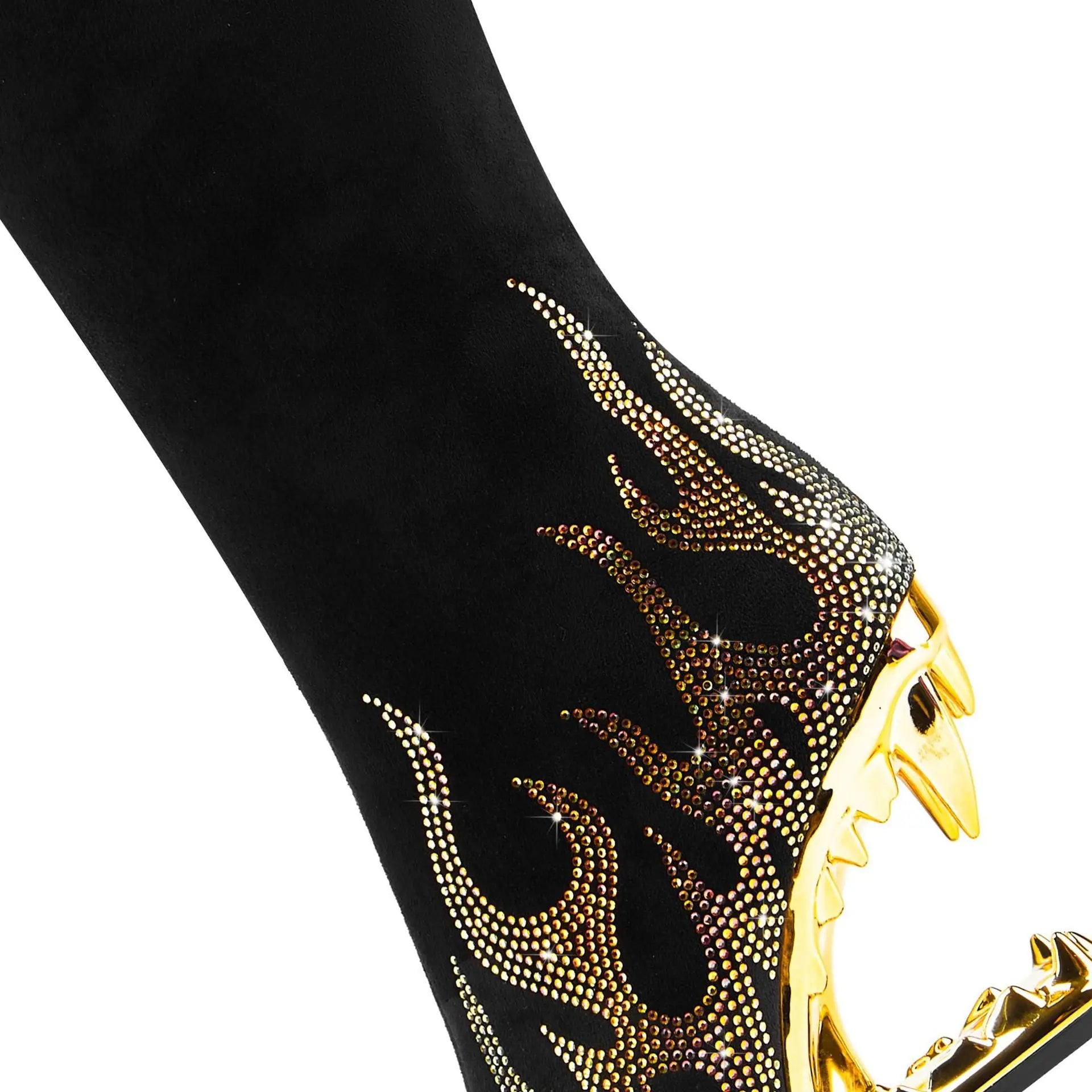 European And American Style Tiger Tooth Profiled Heel Skinny Stretch Boots Rhinestone Flame Dropshipman