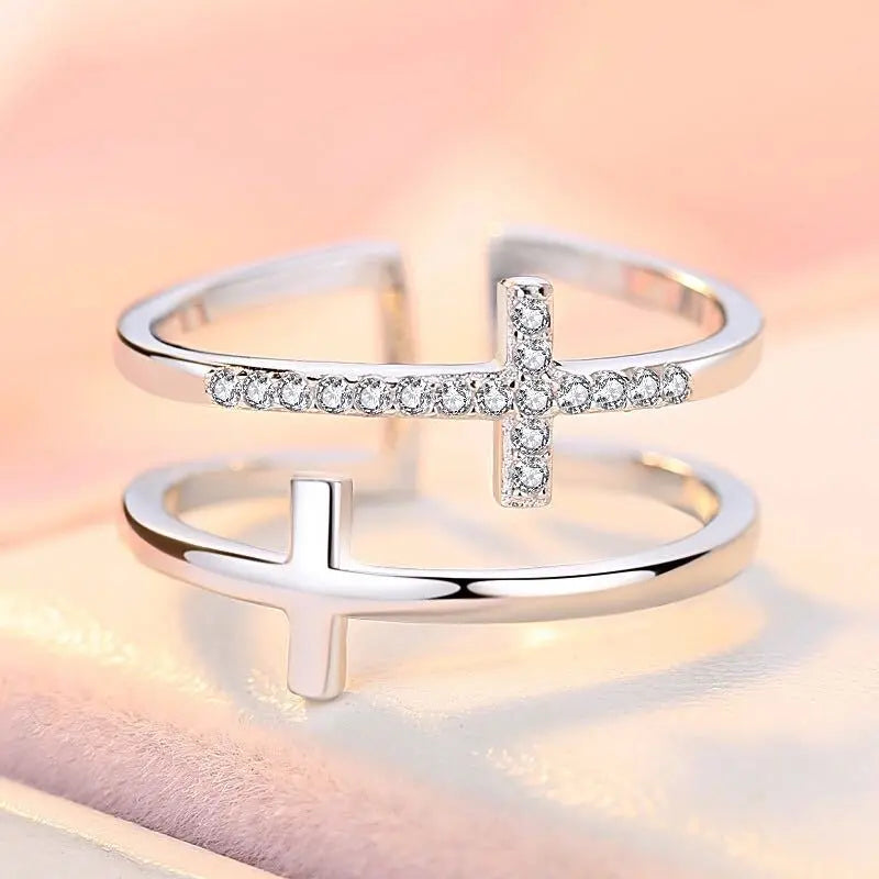 Double Cross Miniature Copper Inlaid Zircon Ring Cjdropshipping