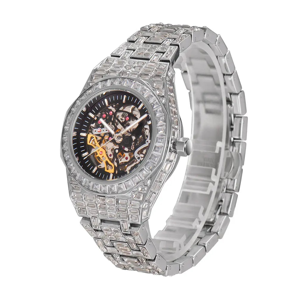 Hip Hop Full Square Diamond Luminous Hollow Mechanical Watch - JNi3 shop