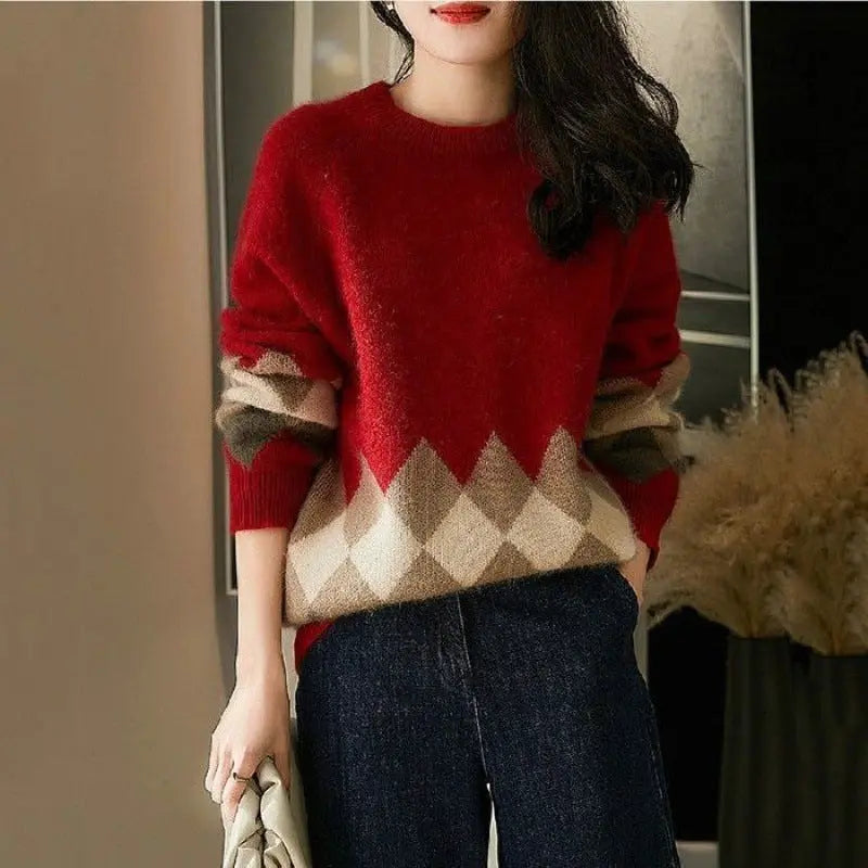 Christmas Red Round-neck Knitwear Loose Sweater For Women Cjdropshipping