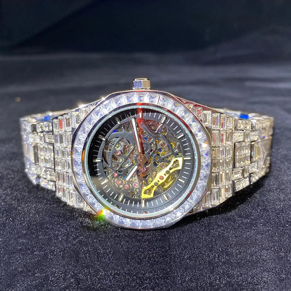 Hip Hop Full Square Diamond Luminous Hollow Mechanical Watch - JNi3 shop