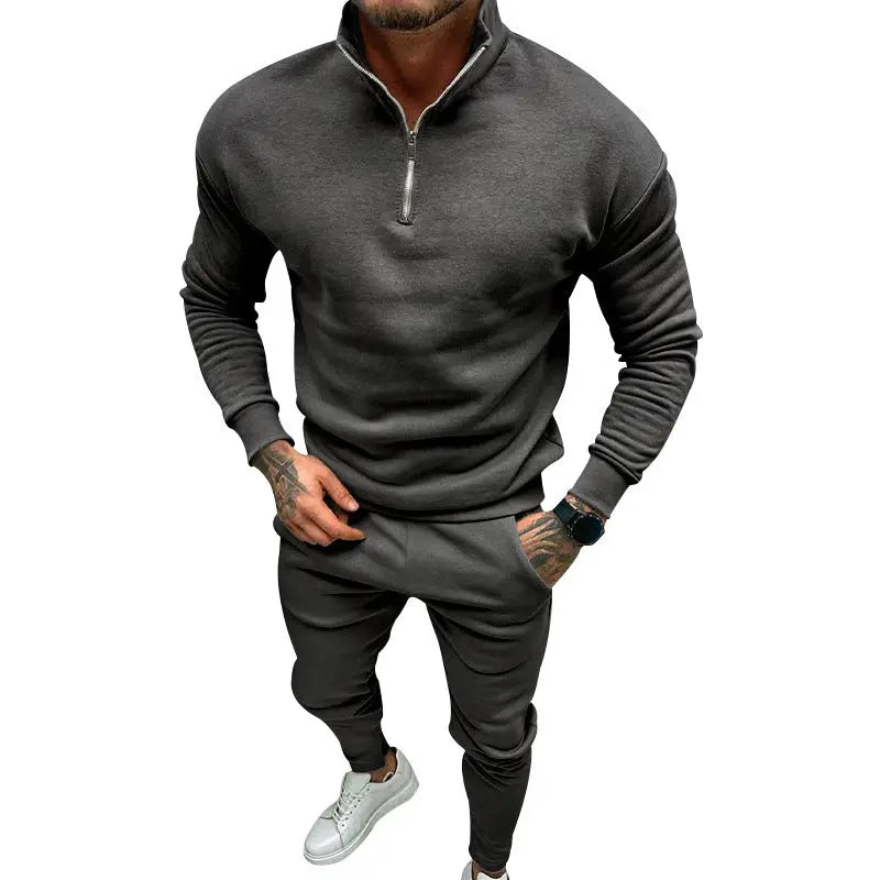 Men's Casual Fleece-lined Solid Color Top And Trousers Suit Cjdropshipping