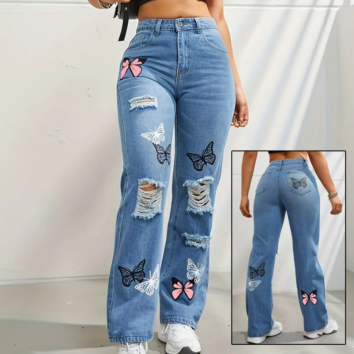 High Waisted Straight Leg Jeans For Women Trendy Butterfly Print Ripped Distressed Denim Pants JNi3 shop