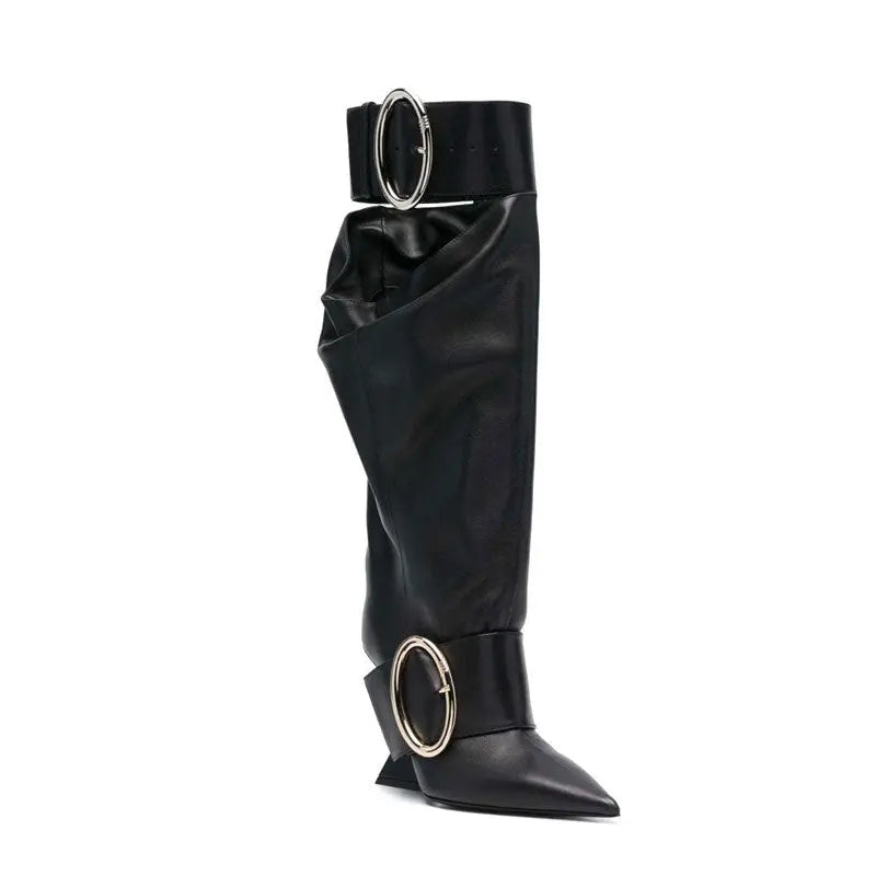 High-profile Wedge Sleeve Pointed Slip-on Strap Large Fastener Boots Dropshipman