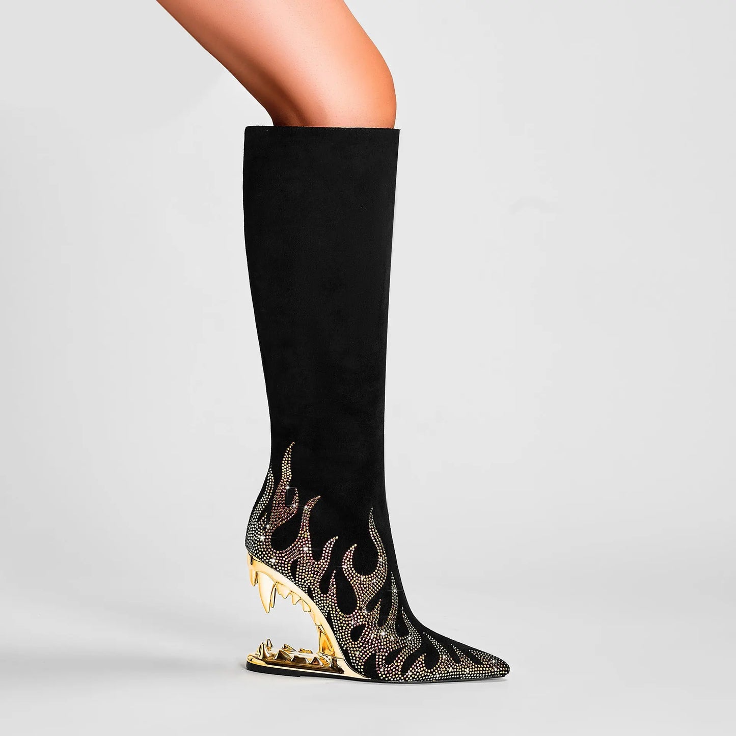 European And American Style Tiger Tooth Profiled Heel Skinny Stretch Boots Rhinestone Flame Dropshipman
