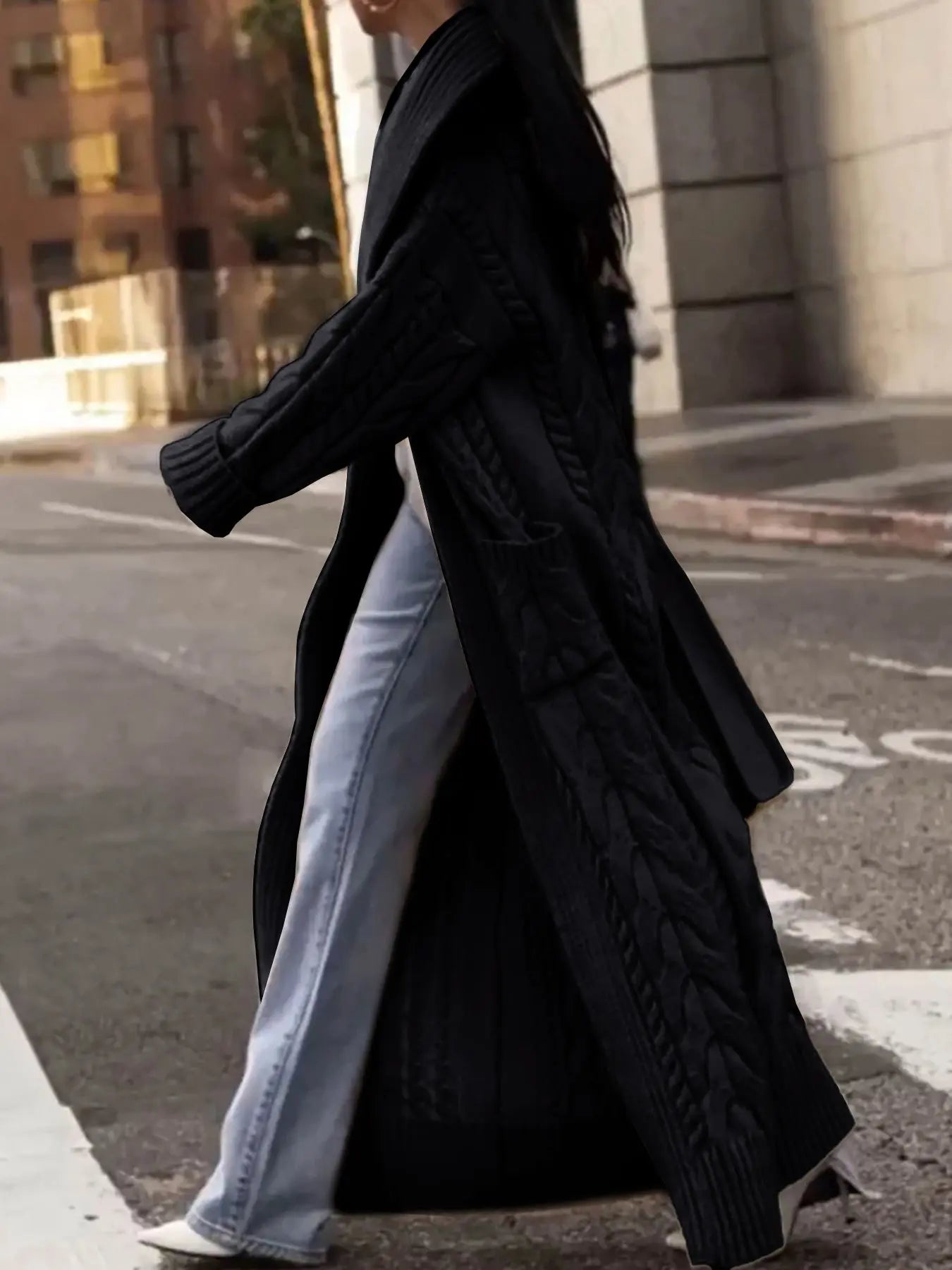 Women's Solid Color Thick Hemp Flowers Large Lapel Long Cardigan Sweater Coat Cjdropshipping