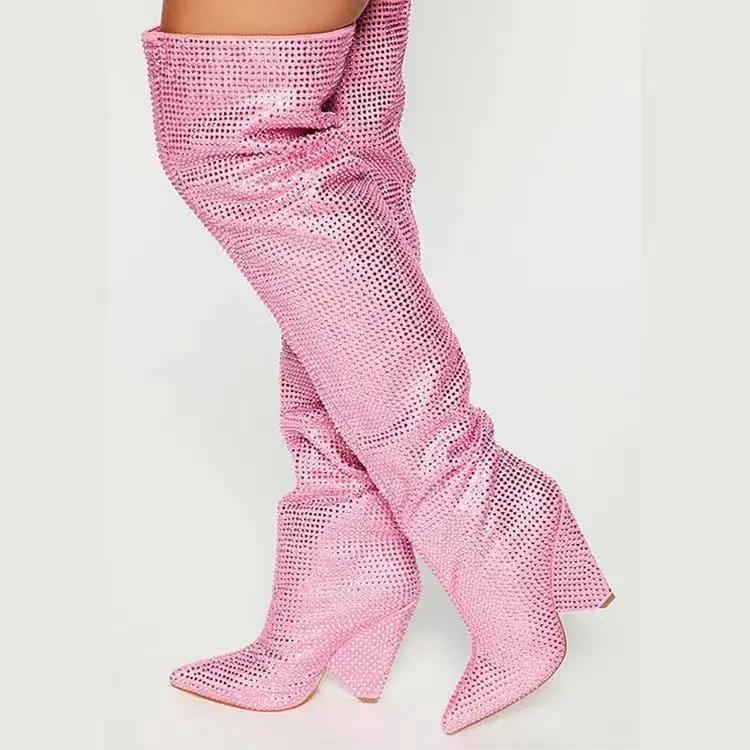 Pointed Tapered Heel Wedge Starry Rhinestone Plus Size Below The Knee Boots Cjdropshipping