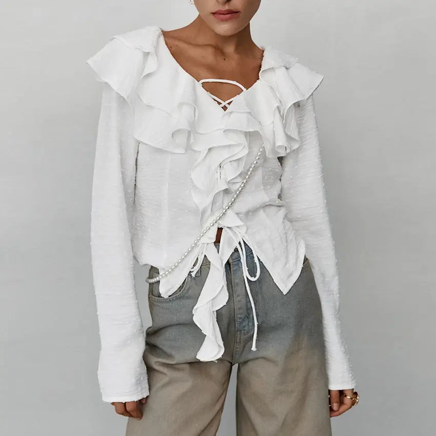 White Crepe Casual Ruffled Sexy Elegant Lace-up Long Sleeve Shirt JNi3 shop