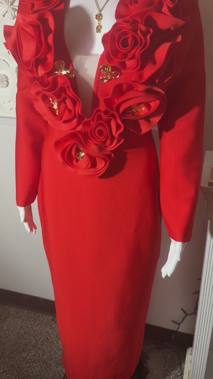 3D Rose V-Neck Bandage Dress & Earrings | Gala Outfit