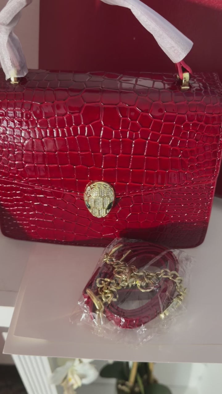 Red Croc Embossed Leather Handbag with Gold Serpent Snake Clasp | Emerald Eye Snake Head Top Handle Bag