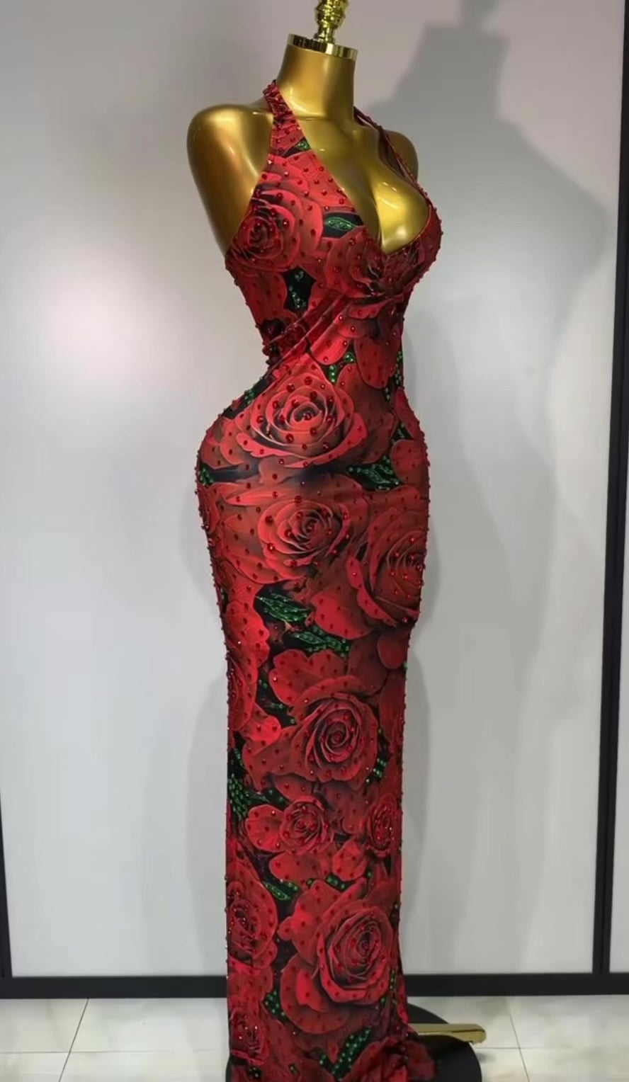 Red Rose Rhinestone Halter Maxi Dress | Floral Mesh Bodycon Evening Gown | Glam Formal Party Dress | Floor Length Backless Dress | Elegant Dress