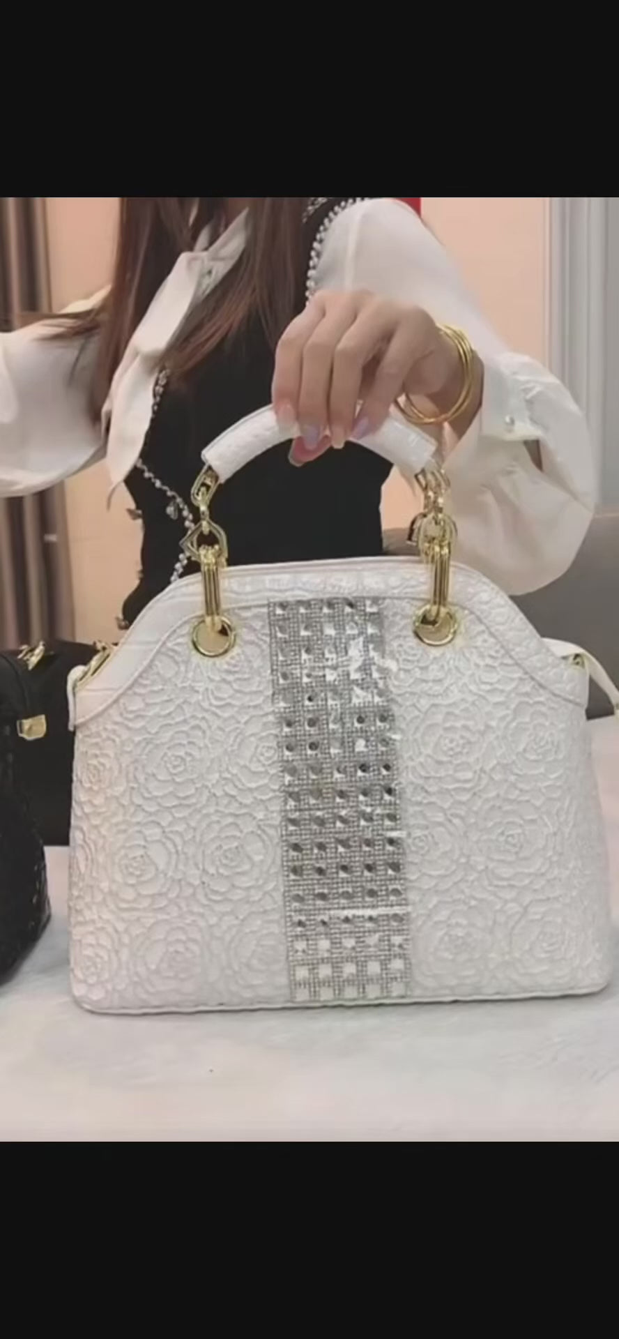 Luxury Crocodile Pattern Lacquer Leather Handbag – Rhinestone Diamond Inlaid Rose Embossed Single Shoulder & Crossbody Bag