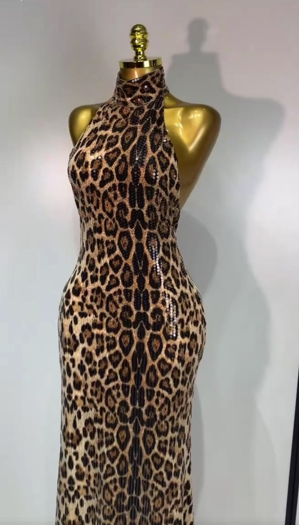 Sequin Leopard Print Prom Dress, Halter Neck Backless Evening Gown, Glam Mermaid High Collar Formal Dress, Animal Print Party Dress