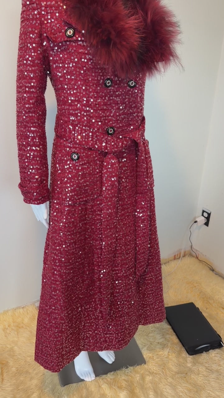 Elegant Sparkly Tweed Long Sequin Trench Belted Evening Overcoat with fur collar