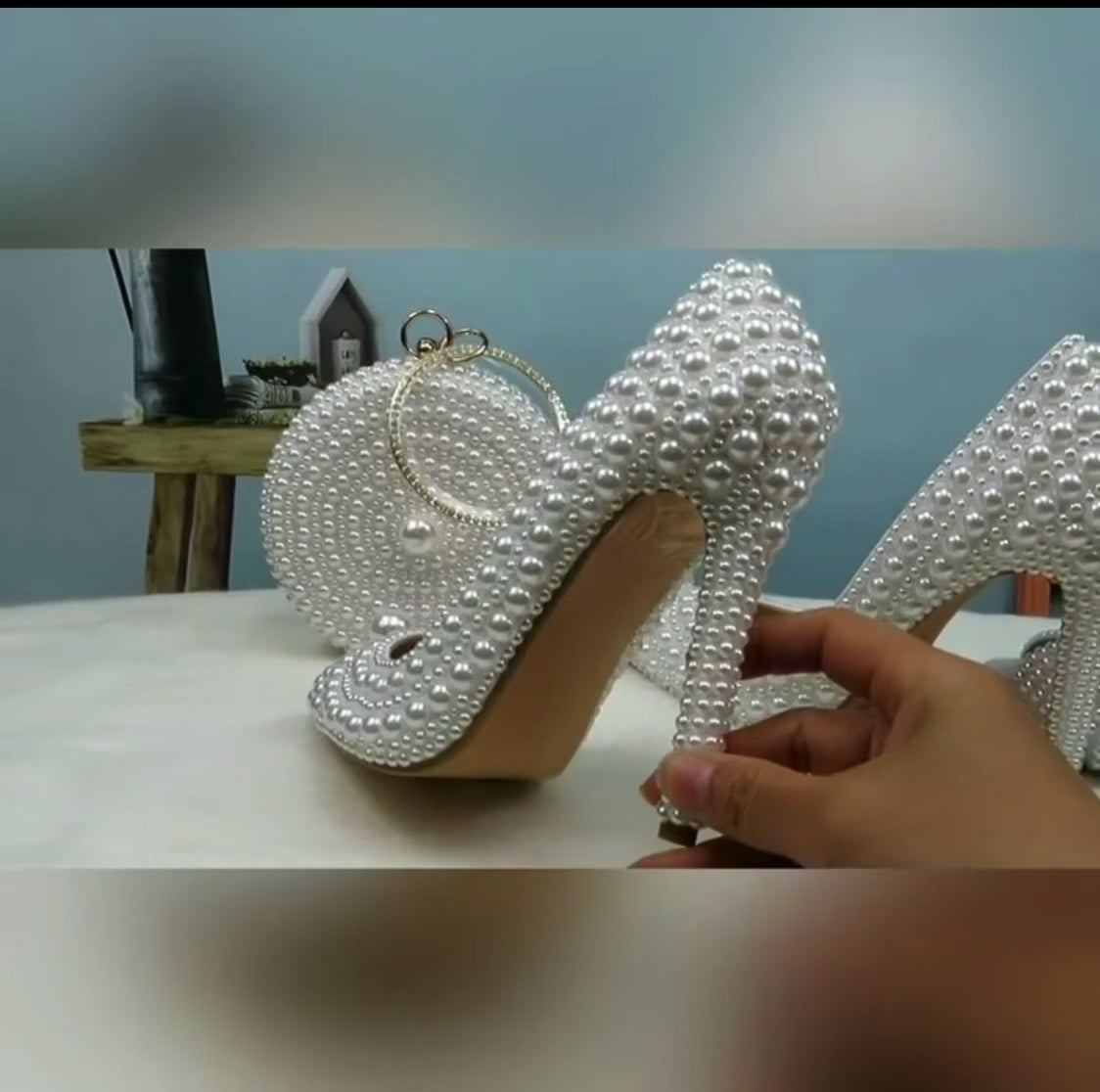 Pearl Wedding Shoes and Matching Clutch Set, Bridal Stilettos or Flats, Beaded Wedding Heels, Custom Bride Handbag and Shoes