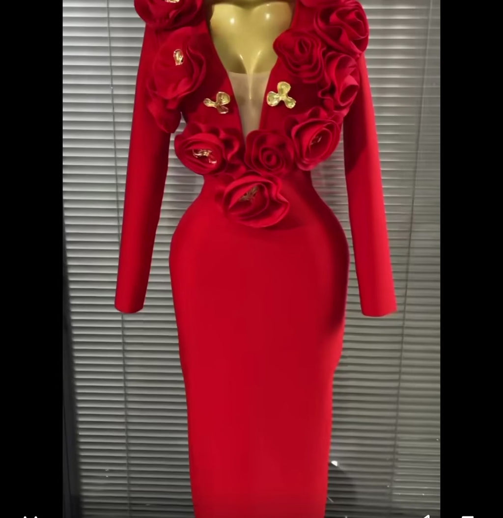 3D Rose V-Neck Bandage Dress & Earrings | Gala Outfit