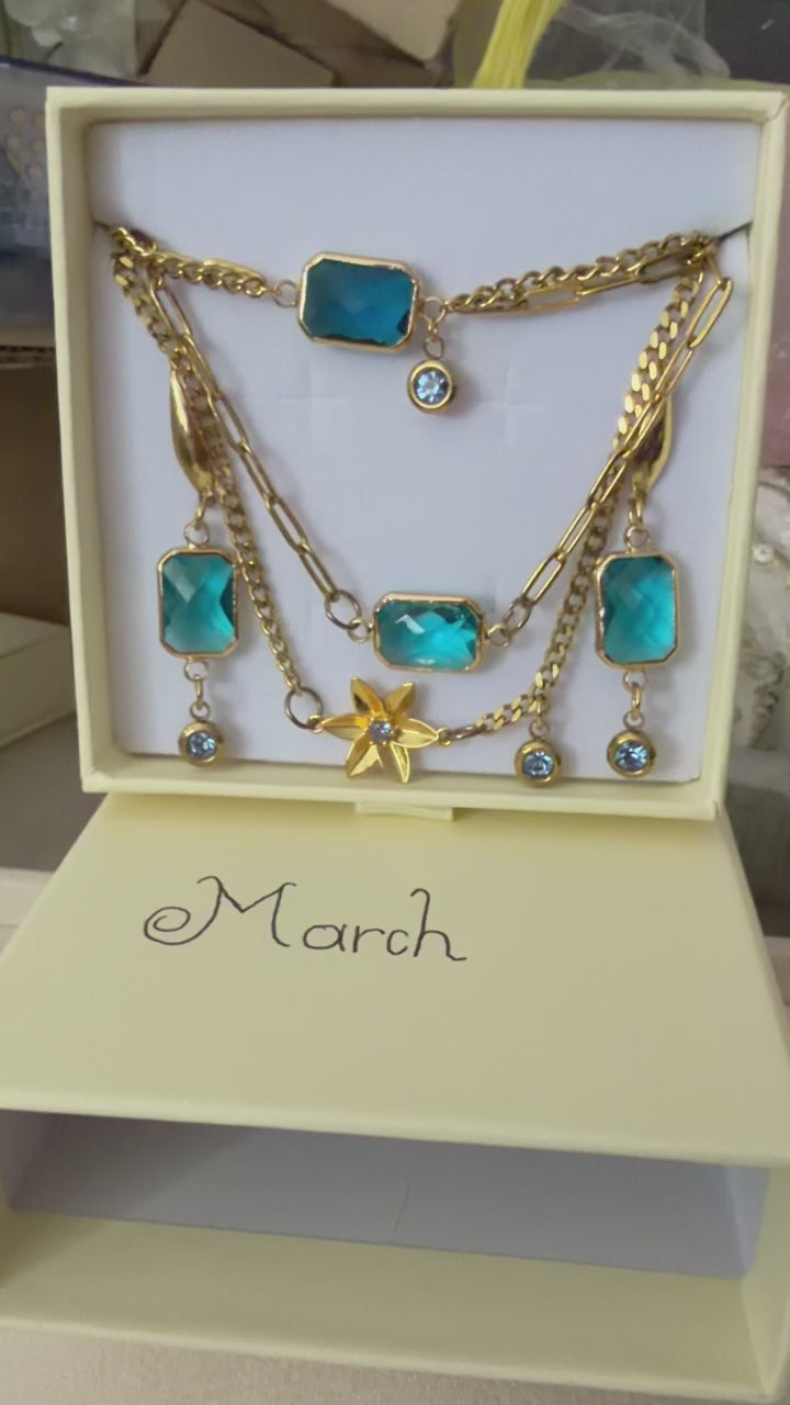 18k Gold PVD Birth Month double layered pendant Necklace, Bracelet and Earrings 3 pce set.