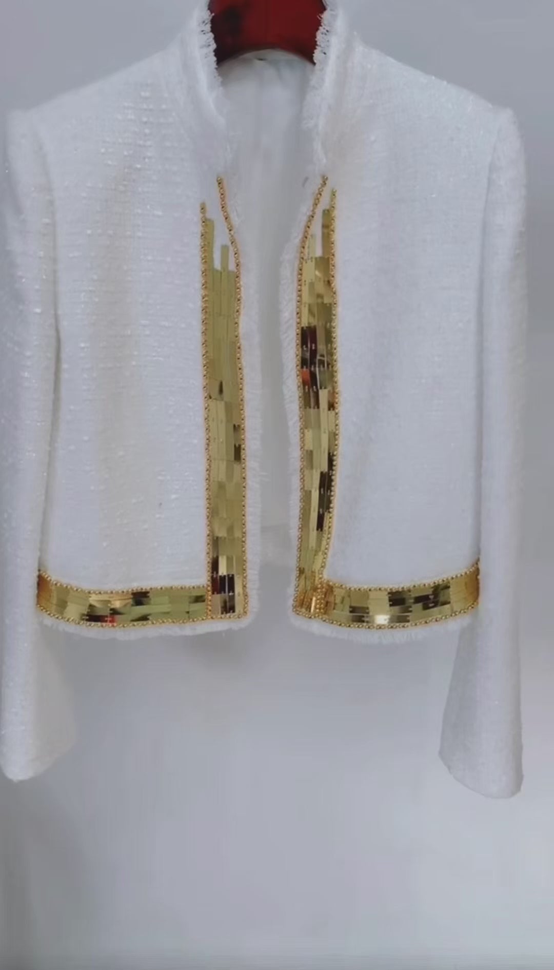 Women White Bouclé Tweed Jacket with Gold Chain Sequin Trim | Open Front Elegant Cropped Blazer, Vintage Style Evening Party Coat