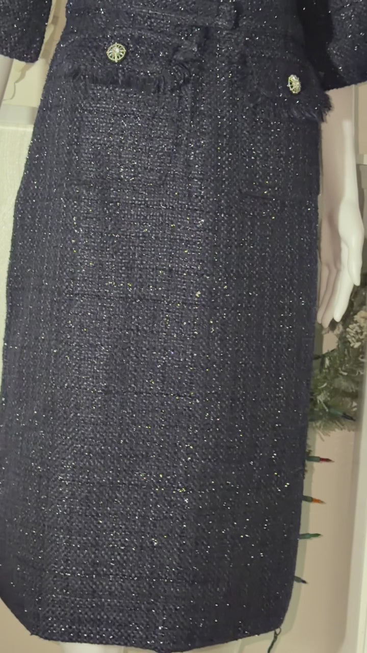 Navy Blue Tweed Belted Midi Dress and Pointed-Toe 12cm Stiletto Pump Set | 2-Piece