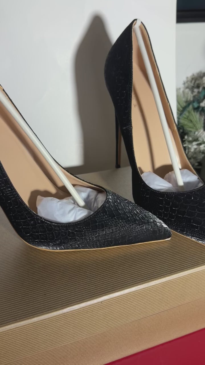 Black Croc-Effect Stiletto Pumps - Classic High Heel Dress Shoes