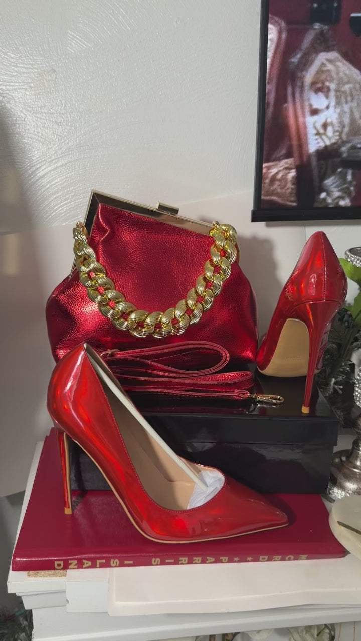Vibrant Red Laser Stiletto Pumps and Metallic Red Clutch Purse Set – Luxury Chunky Gold Chain Handbag & Pointed Toe High Heels – Formal Gala & Evening Accessory Set
