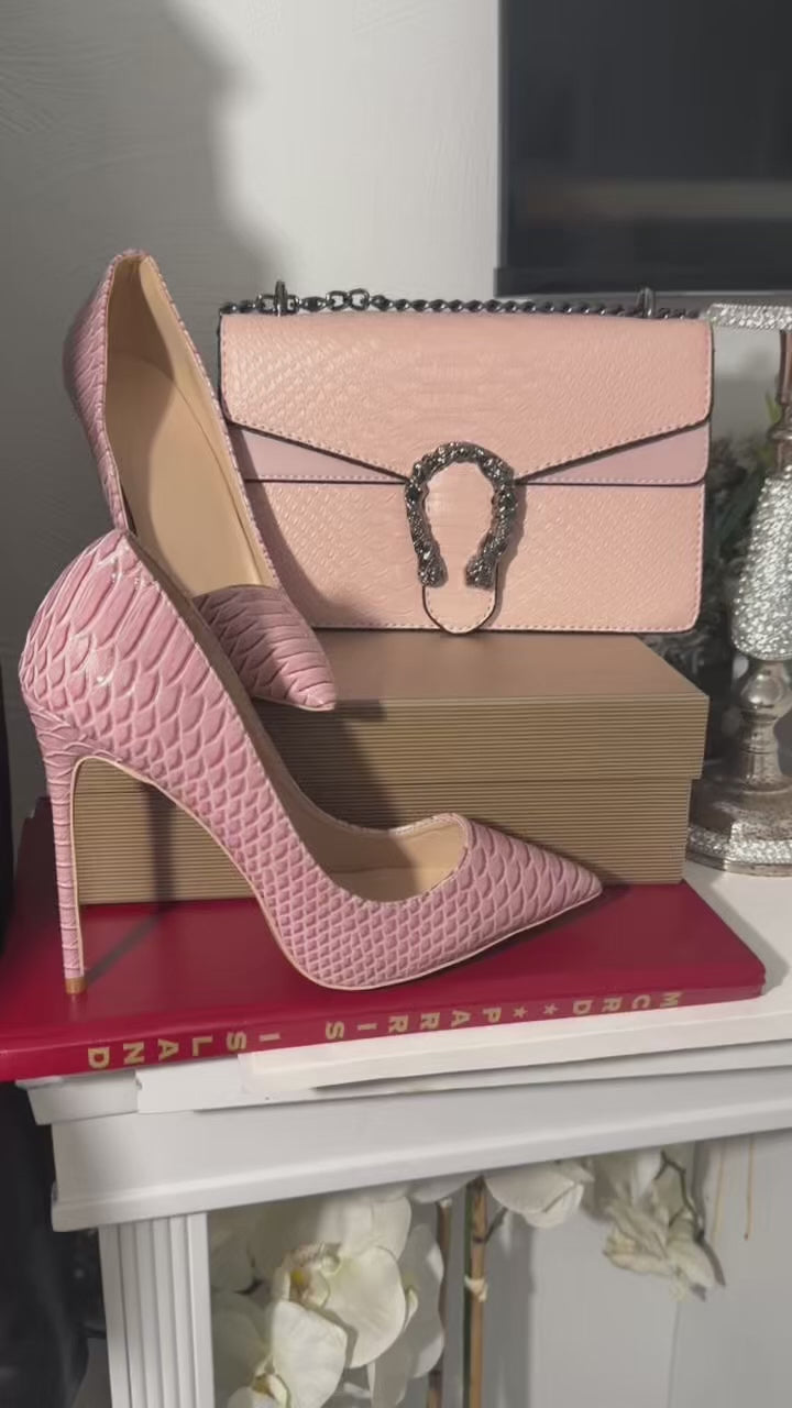 atching Light Pink Croc Heels and Bag Set, High Stiletto Pointed Toe Pumps, Envelope Clutch with Horseshoe Hardware